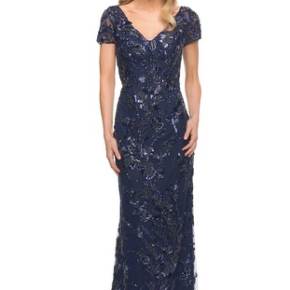 La Femme Navy Blue Beaded Sequin Column Gown